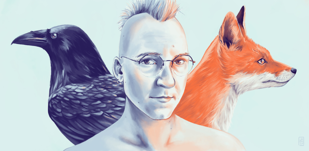 A portrait of Thorsten Soltau with two of his chosen soul animals. A raven to the left and a fox to the right side.